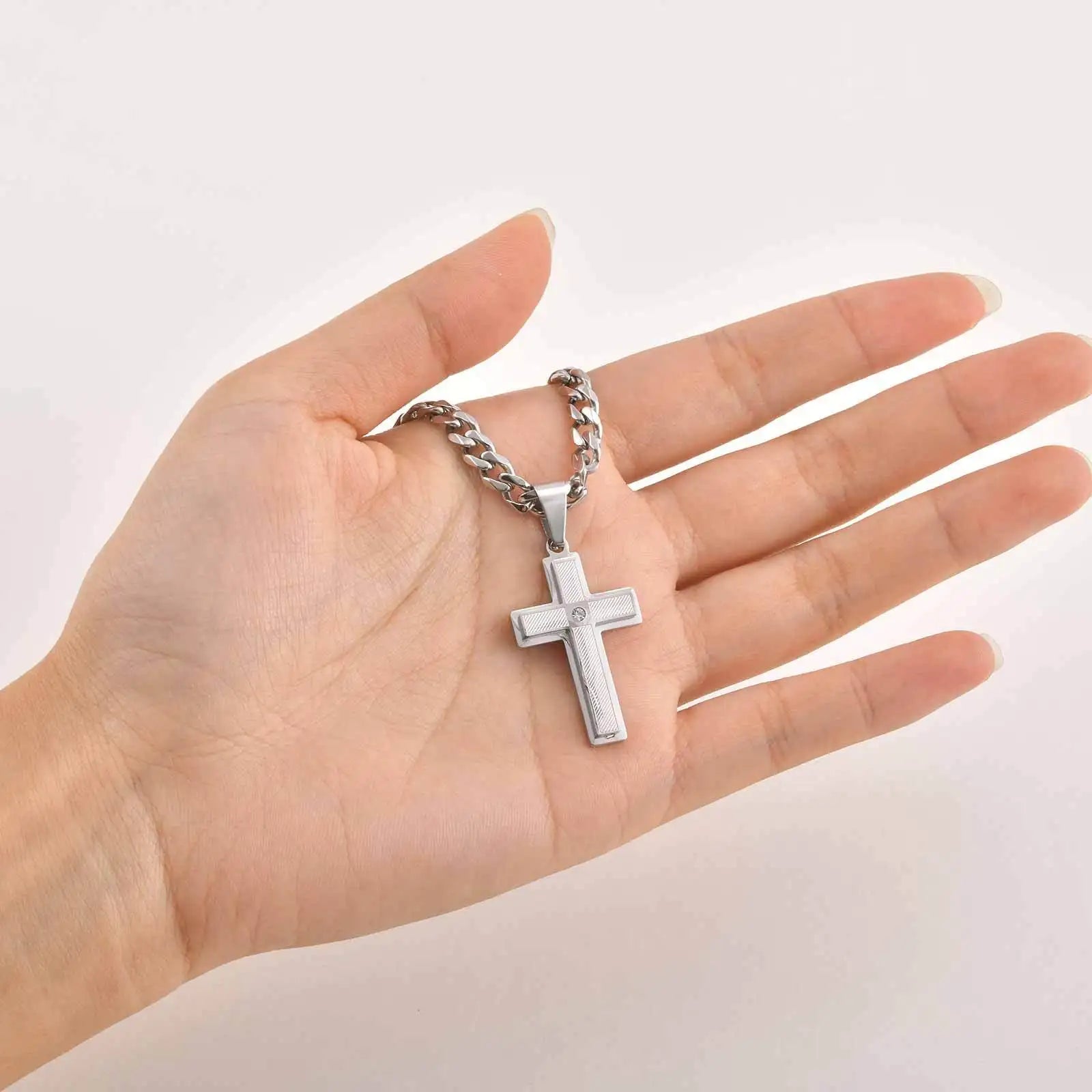 Stainless Steel Cross Pendant Necklace for Men Boys, Fashion Waterproof Link Chain Christian Prayer Jewelry Gifts Accessory